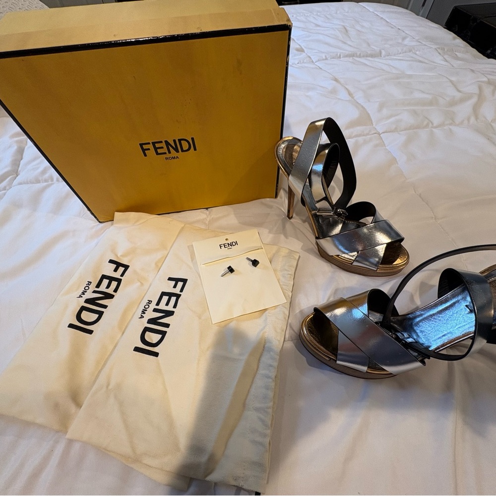 Fendi Silver and Black Strappy Heels